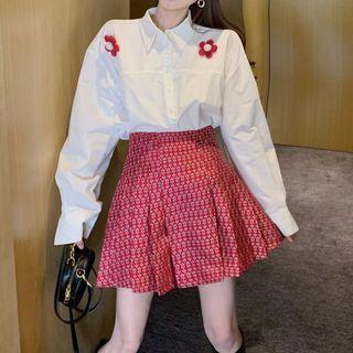 Floral Embroidered Shirt / Print Mini Skirt