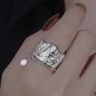Faux Pearl Textured Alloy Open Ring One Faux Pearl & Rhinestone - Silver - One Size
