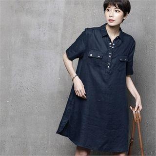 Snap-button Half-placket Linen Shirtdress