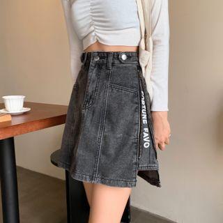 Lettering Zipped Denim Mini A-line Skirt