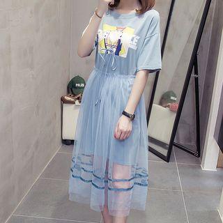 Set: Short-sleeve Printed Long T-shirt + Sheer A-line Midi Skirt