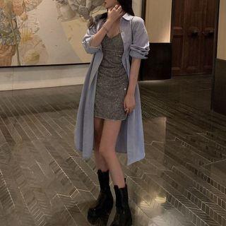 Spaghetti Strap Rhinestone Mini A-line Dress / Long-sleeve Midi Shirt Dress