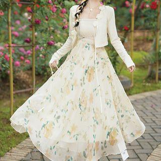 Cropped Cardigan / Spaghetti Strap Floral Maxi A-line Dress