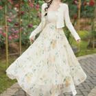Cropped Cardigan / Spaghetti Strap Floral Maxi A-line Dress