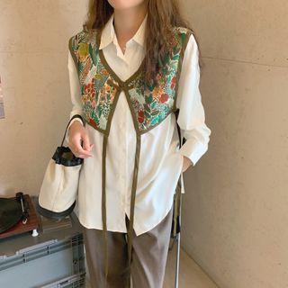 Plain Long-sleeve Loose-fit Shirt / Cropped Vest