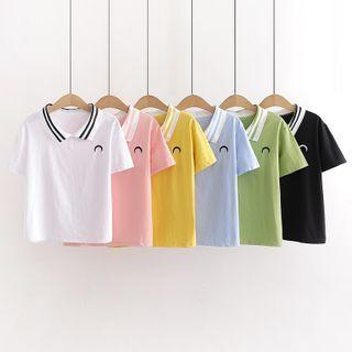 Short-sleeve Collared Moon Embroidery T-shirt