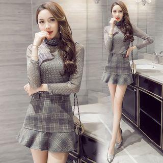 Set: High-neck Long-sleeve Top + Ruffle Hem Plaid Skirt