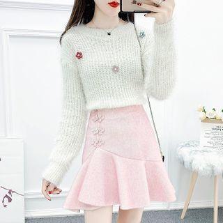 Set: Long-sleeve Flower Knit Sweater + High-waist Retro Frog Button Mermaid Skirt
