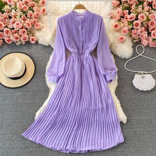 Long Sleeve Pleated Chiffon Dress