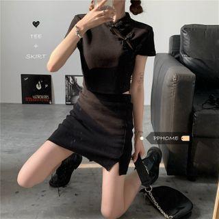 Set: Short-sleeve Frog-buttoned Crop Top + Fitted Mini Skirt