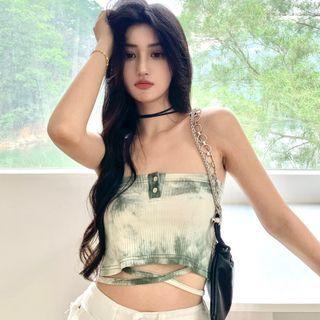 Two Tone Tie-dye Button-up Cropped Tank Top Green - One Size