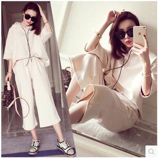 Set: 3/4 Sleeve Hoodie + Cropped Wide Leg Pants