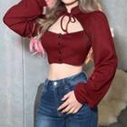 Plain Ribbed Long Sleeve Cut-out Cropped Top