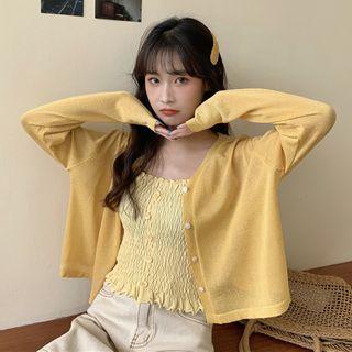 Spaghetti Strap Shirred Top / Cropped Cardigan