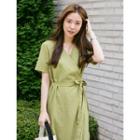 Short-sleeve Midi Surplice-wrap Dress