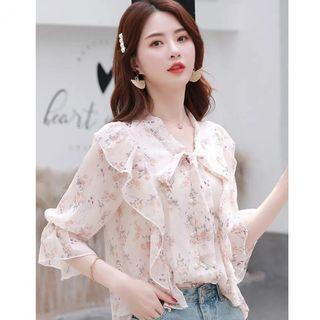 3/4-sleeve Tie-neck Floral Blouse