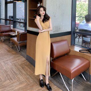 Cap-sleeve Slit Midi Shift Knit Dress