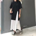 Elbow-sleeve Slit Long T-shirt / Pleated Midi Skirt