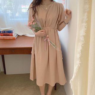 Puff-sleeve Midi A-line Dress Almond Pink - One Size