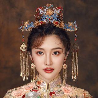 Wedding Set: Embellished Fringed Tiara + Fringed Earring Tiara & Earring - As Shown In Figure - One Size