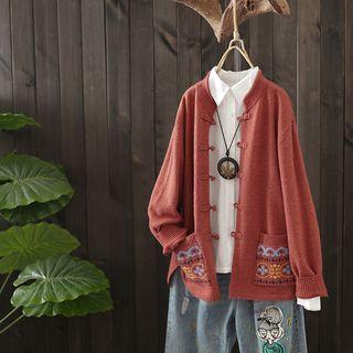 Embroidered Frog-buttoned Cardigan