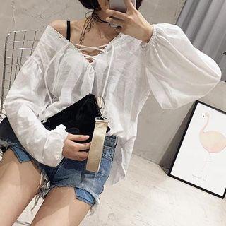 Lace Up V-neck Lantern Sleeve Top