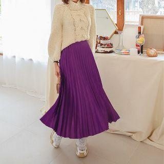 Accordion-pleat Long Satin Skirt