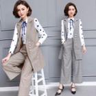 Pattern Lace-up Blouse / Plaid Buttoned Vest / Wide-leg Dress Pants / Set