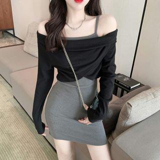 Set: Strappy Sheath Dress + Long-sleeve Top Set Of 2 - Dress & Top - Dark Gray - One Size