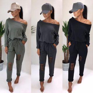 Distressed Long-sleeve Jumpsuit