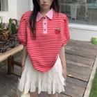 Strawberry Striped Puff-sleeve Top Red - One Size