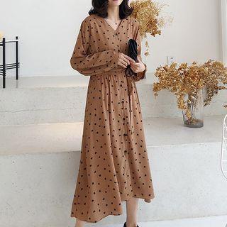 Heart Print Long-sleeve A-line Midi Chiffon Dress