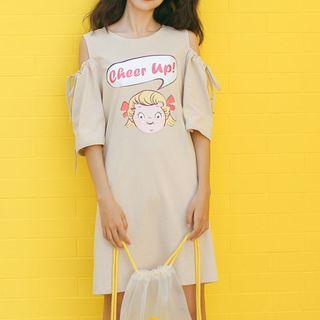 Elbow-sleeve Cold Shoulder Printed A-line Dress