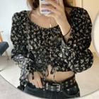Long-sleeve Floral Cropped Blouse Shirt - Floral - Black - One Size