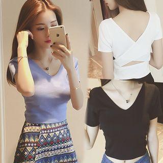 Short-sleeve Open Back Cropped Knit Top