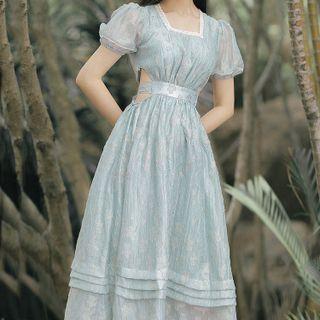 Puff-sleeve Waist-cutout Midi A-line Dress