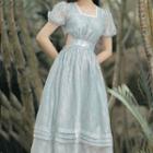 Puff-sleeve Waist-cutout Midi A-line Dress