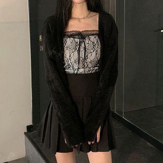 Spaghetti Strap Lace Top / Plain Cardigan / Pleated Mini Skirt