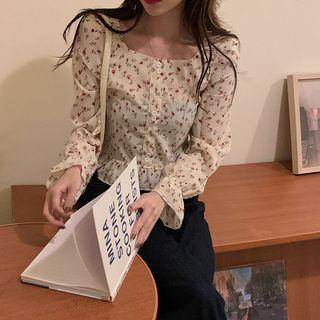 Floral Print Bell-sleeve Cropped Blouse