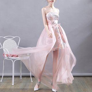 Strapless Sheer Panel Embroidered Party Dress