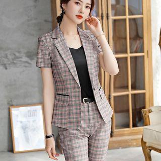 Plaid Short-sleeve Blazer / Dress Pants / Camisole Top