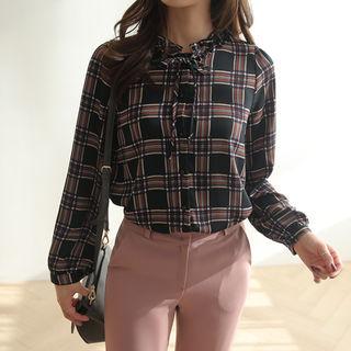 Frilled Tie-neck Plaid Blouse