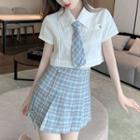Set: Cropped Shirt + Check Pleated Skirt
