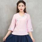 Embroidered Elbow-sleeve Chinese Knot Button Top