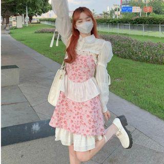 Spaghetti Strap Floral Mini A-line Dress / Long-sleeve Crop Top