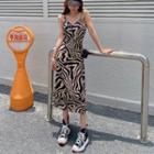 V-neck Zebra Pattern Suspender Skirt