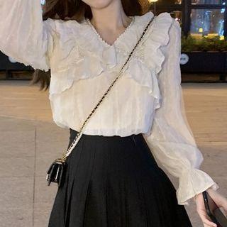 Long-sleeve V-neck Plain Ruffle Trim Chiffon Blouse Almond - One Size