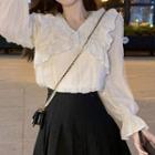 Long-sleeve V-neck Plain Ruffle Trim Chiffon Blouse Almond - One Size