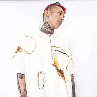 Elbow-sleeve Fire Print T-shirt