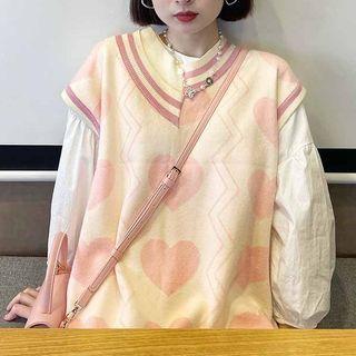 Long-sleeve Mini A-line Dress / Heart Print Vest